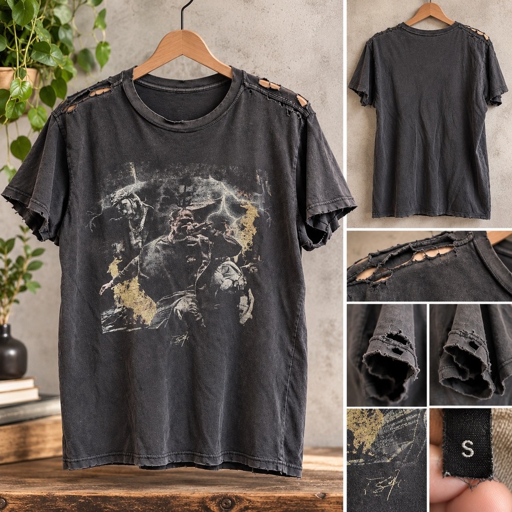 Distressed Graphic T-Shirt Travis Scott Faded Black Mens Small Streetwear Tee